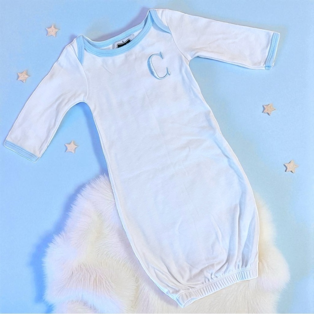 Mud Pie Monogram “C” Blue Trim Baby Gown 0–3M White Cotton